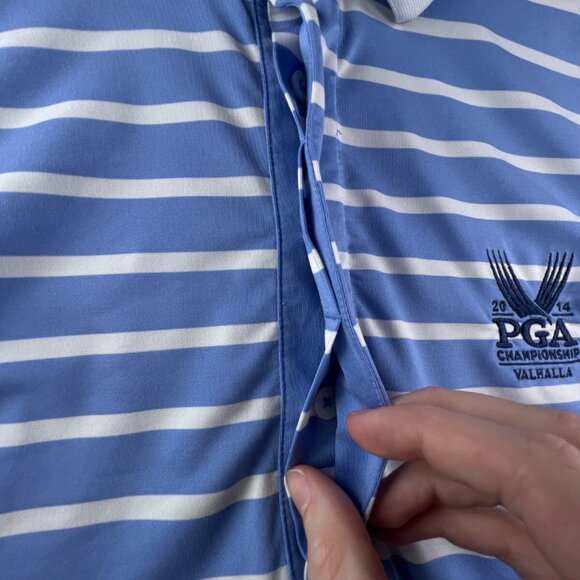 Ralph Lauren RLX Short Sleeve Polo Blue White Striped Medium VALHALLA 2014 - Picture 9 of 11